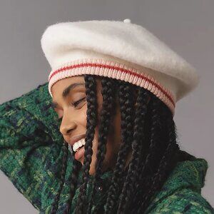 New Anthropologie Varsity Stripe White Wool Beret